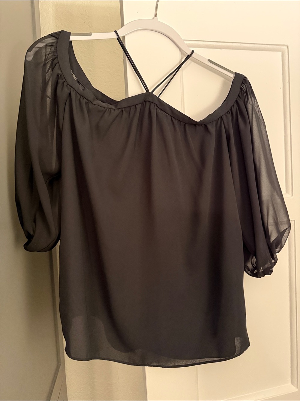 1. State Black Off-Shoulder Sheer Blouse with Crisscross halter
